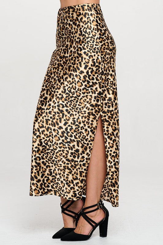 Leopard Print Satin Maxi Skirt With Slit