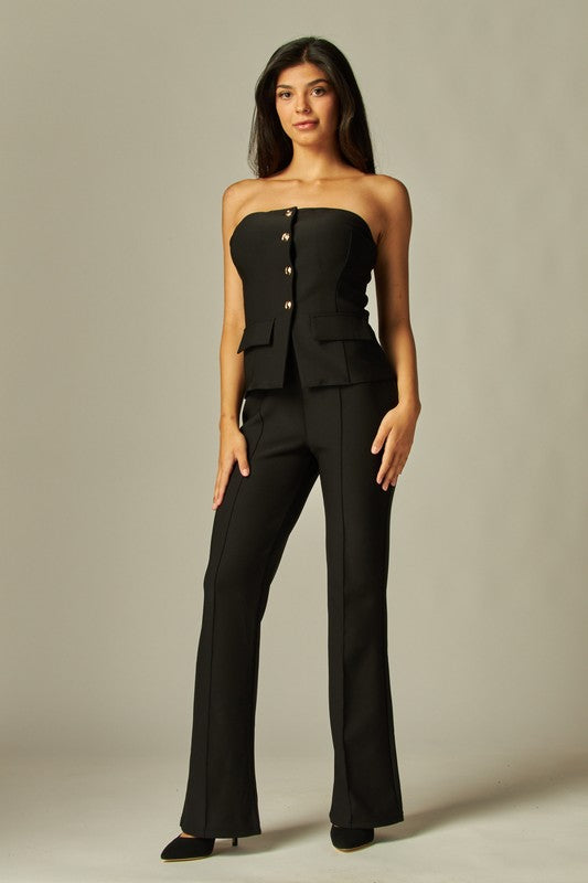Black Scuba Knit Tube Top & Boot Pant Set