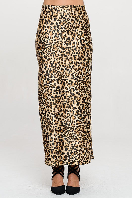 Leopard Print Satin Maxi Skirt With Slit