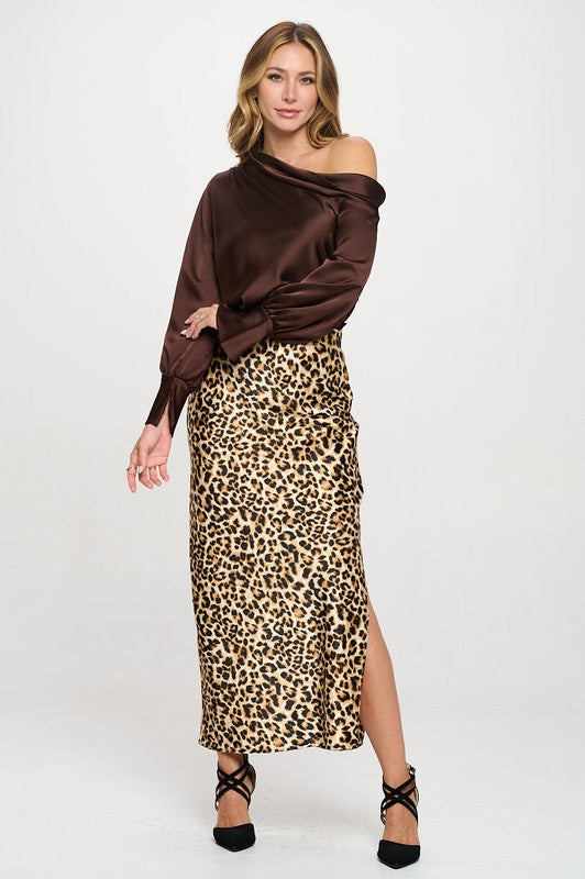Leopard Print Satin Maxi Skirt With Slit