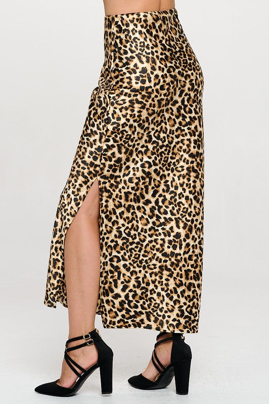 Leopard Print Satin Maxi Skirt With Slit