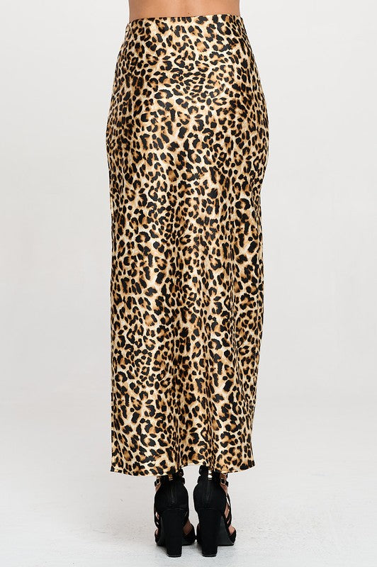Leopard Print Satin Maxi Skirt With Slit