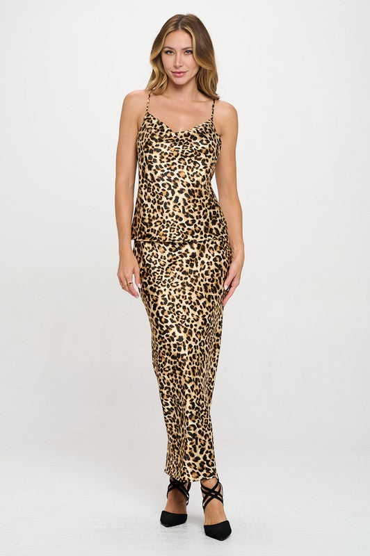 Leopard Satin Cowl Tank & Maxi Skirt Set