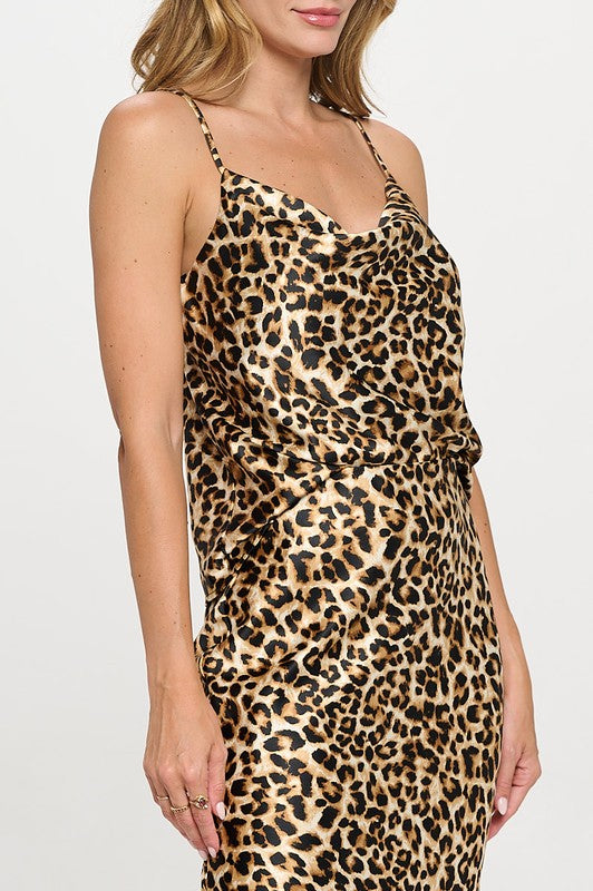 Leopard Satin Cowl Tank & Maxi Skirt Set