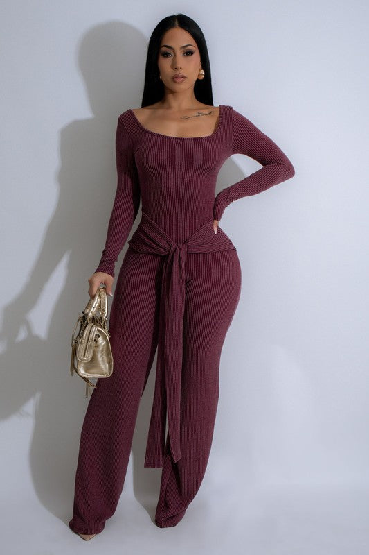 Ribbed Front Tied Jumpsuit - Ruby