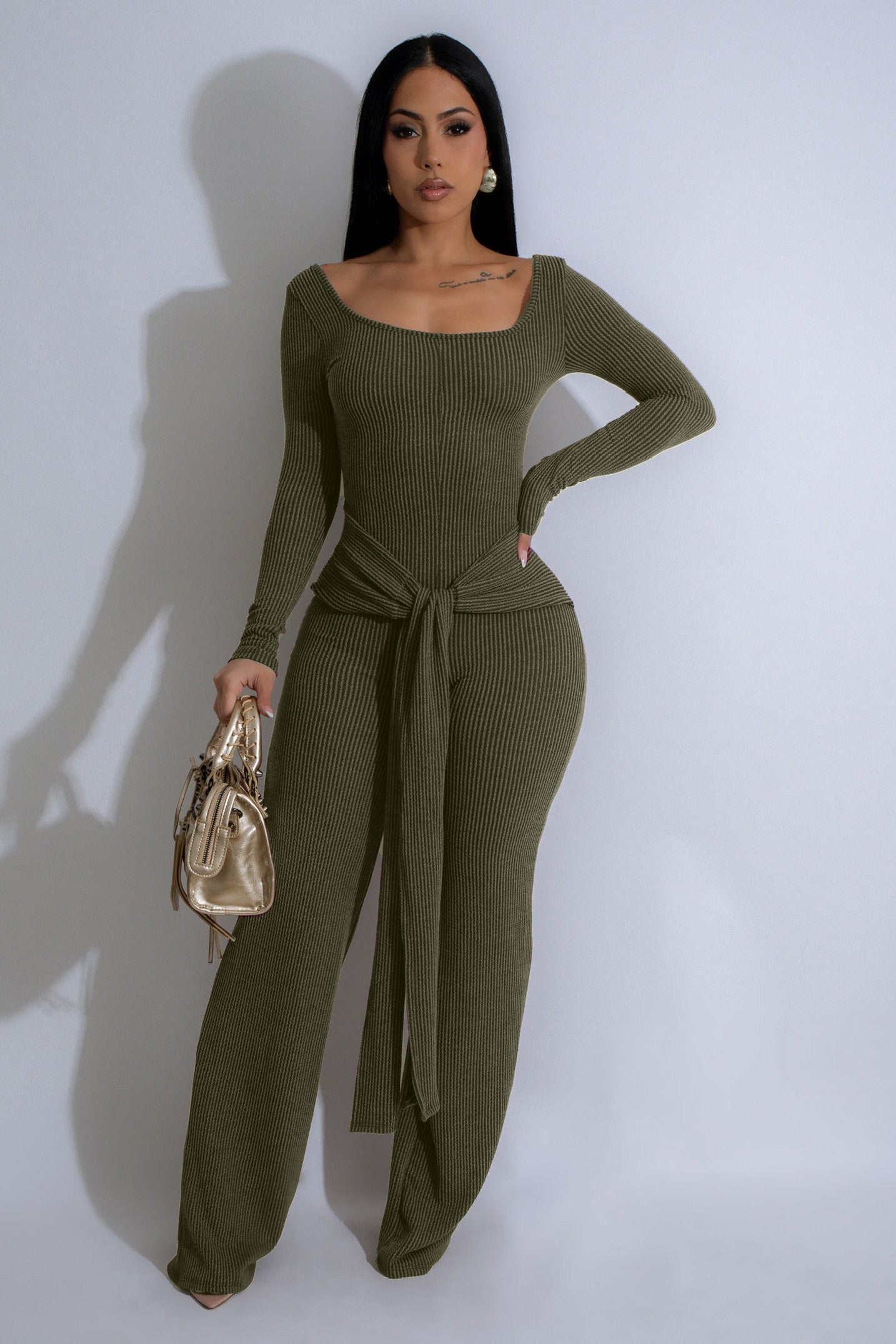 Ribbed Front Tied Jumpsuit - Olive