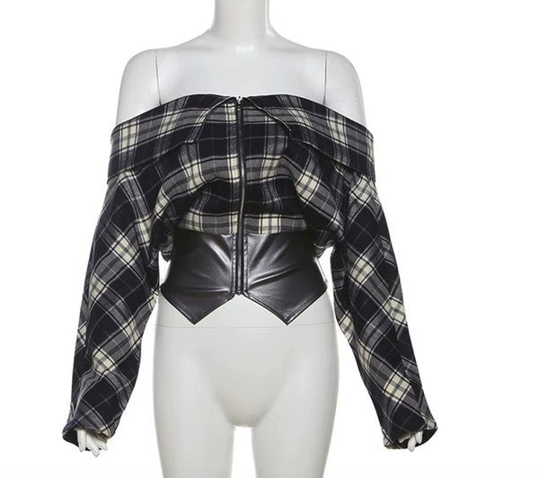 Off Shoulder Plaid Pu Detailed Top