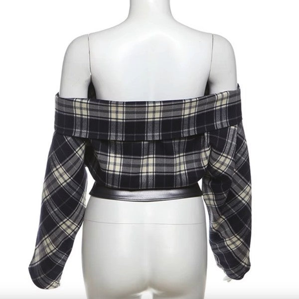 Off Shoulder Plaid Pu Detailed Top