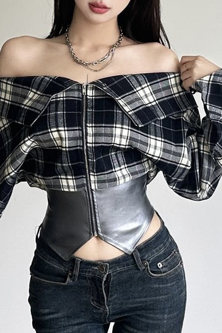 Off Shoulder Plaid Pu Detailed Top