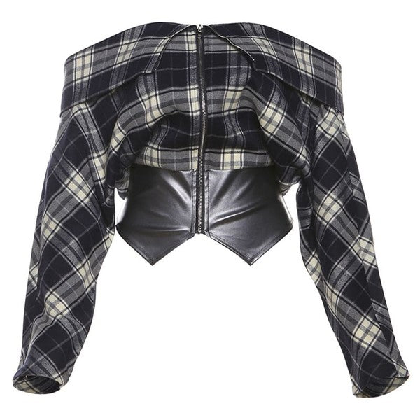 Off Shoulder Plaid Pu Detailed Top
