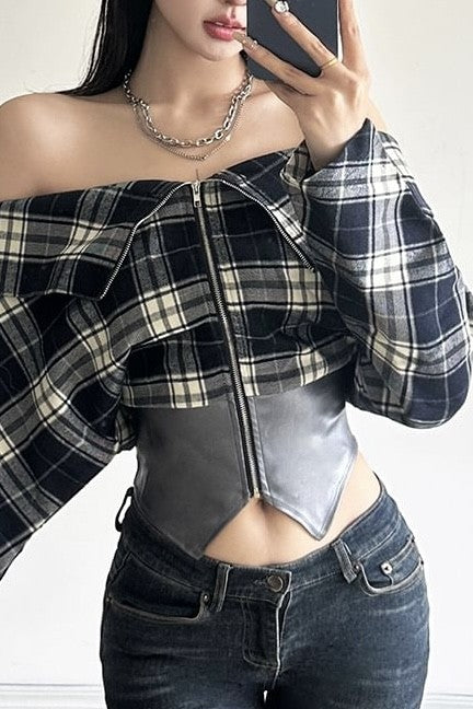 Off Shoulder Plaid Pu Detailed Top