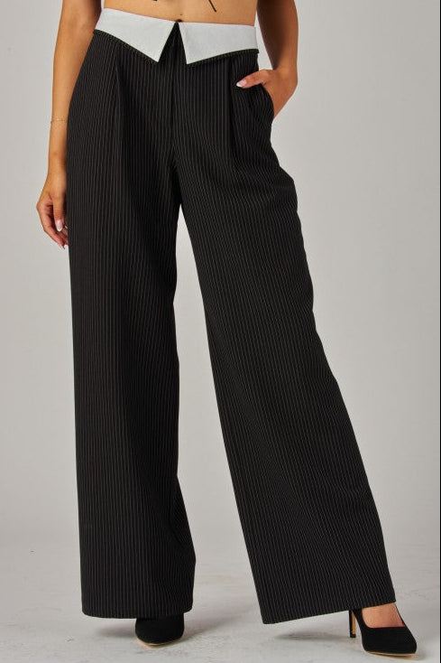 Pinstripe Tailored Vest & Wide-Leg Suit Pant Set