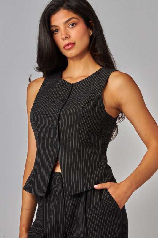 Pinstripe Longline Button Up Vest