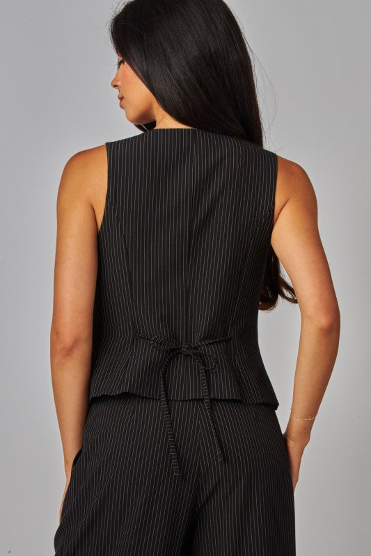Pinstripe Tailored Vest & Wide-Leg Suit Pant Set