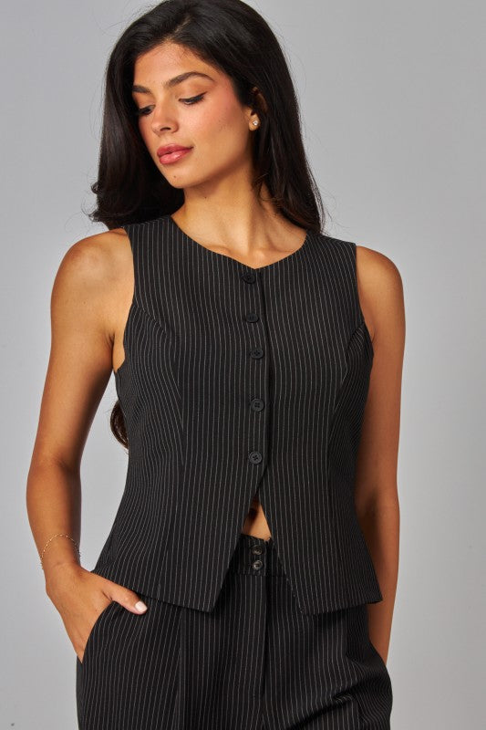 Pinstripe Longline Button Up Vest