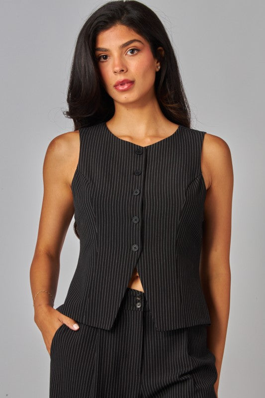 Pinstripe Longline Button Up Vest