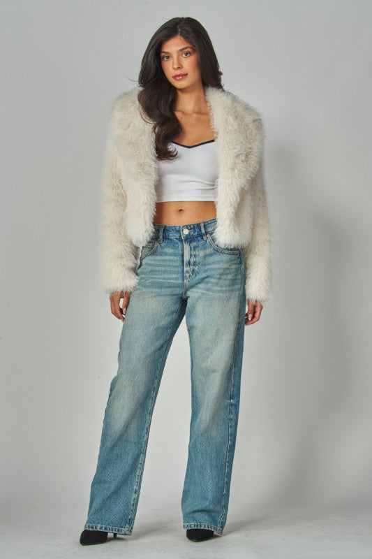 Light Beige Faux Fur Shearling Jacket With Collar