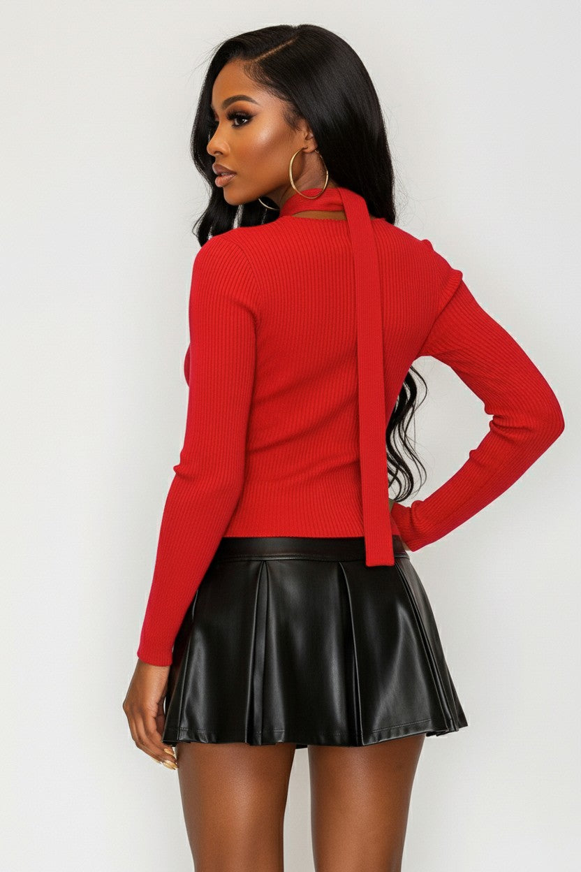 Square Neck Detachable Necktie Long Sleeve Sweater