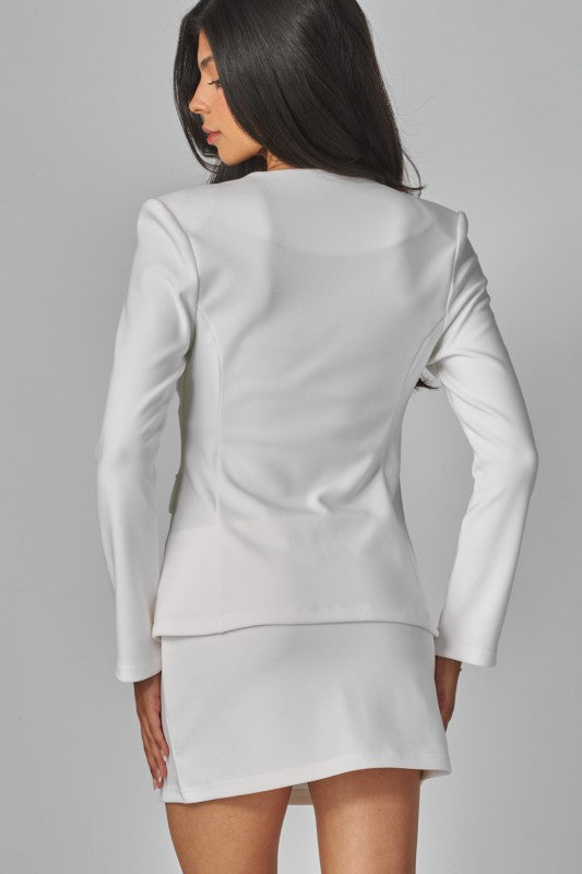 Scuba V Neck Slim Fit Blazer Skirt Set