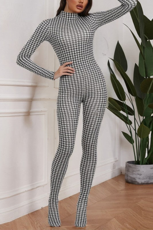 Houndstooth Graphic Print Bodystocking