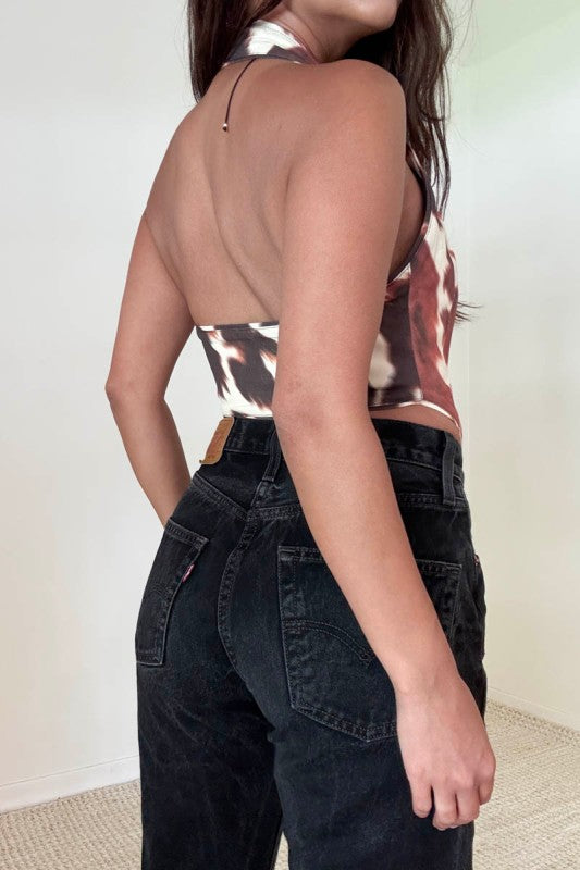 Cow Print Halter Neck Sleeveless Vest Top