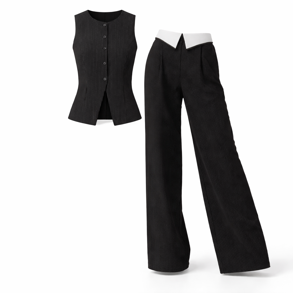 Pinstripe Tailored Vest & Wide-Leg Suit Pant Set