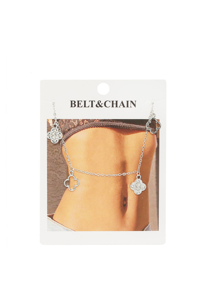Rhinestone Clover Accent Metal Belt 45"L