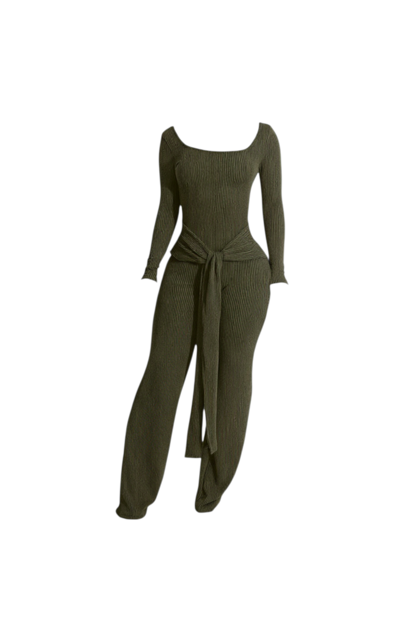 Ribbed Front Tied Jumpsuit - Olive
