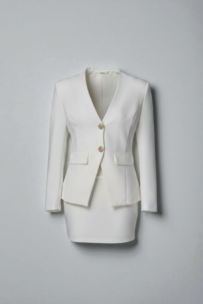 Scuba V Neck Slim Fit Blazer Skirt Set