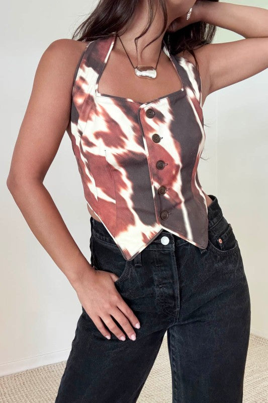 Cow Print Halter Neck Sleeveless Vest Top