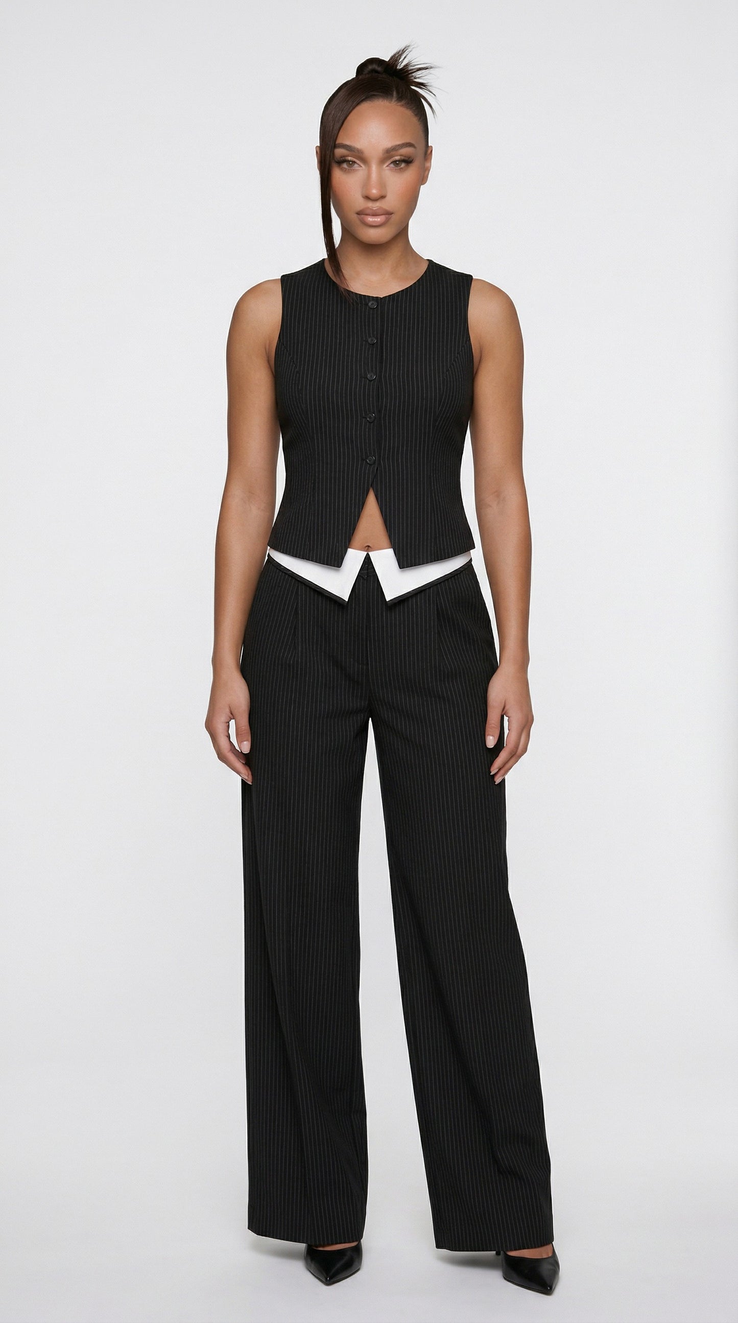 Pinstripe Tailored Vest & Wide-Leg Suit Pant Set