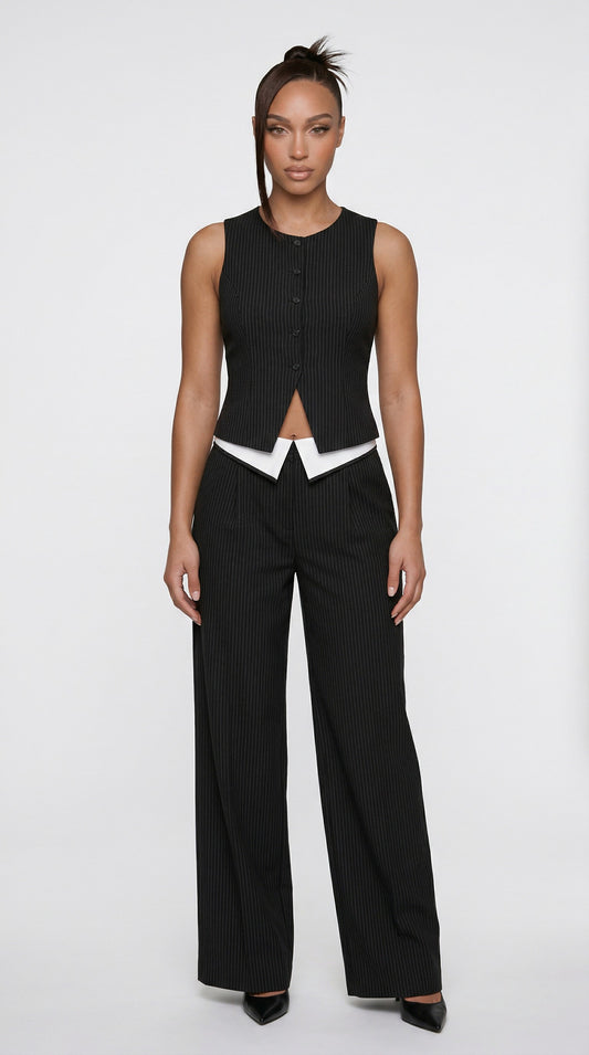 Pinstripe Tailored Vest & Wide-Leg Suit Pant Set